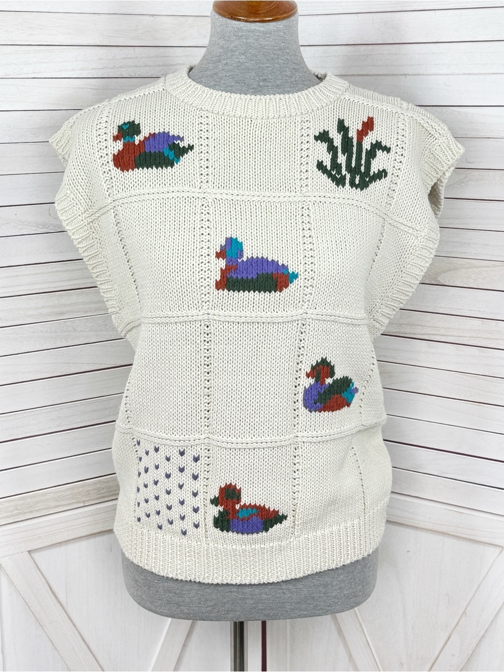 Vintage 90s Country Suburbans Ducks Sweater Vest Cream Multi Large Cottage Y2K